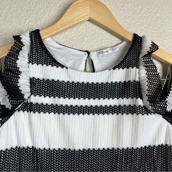 Zara Mini Dress‎ Cold Shoulder Mesh Lace Black/White Stripe Women’s Size Small - Picture 6 of 10